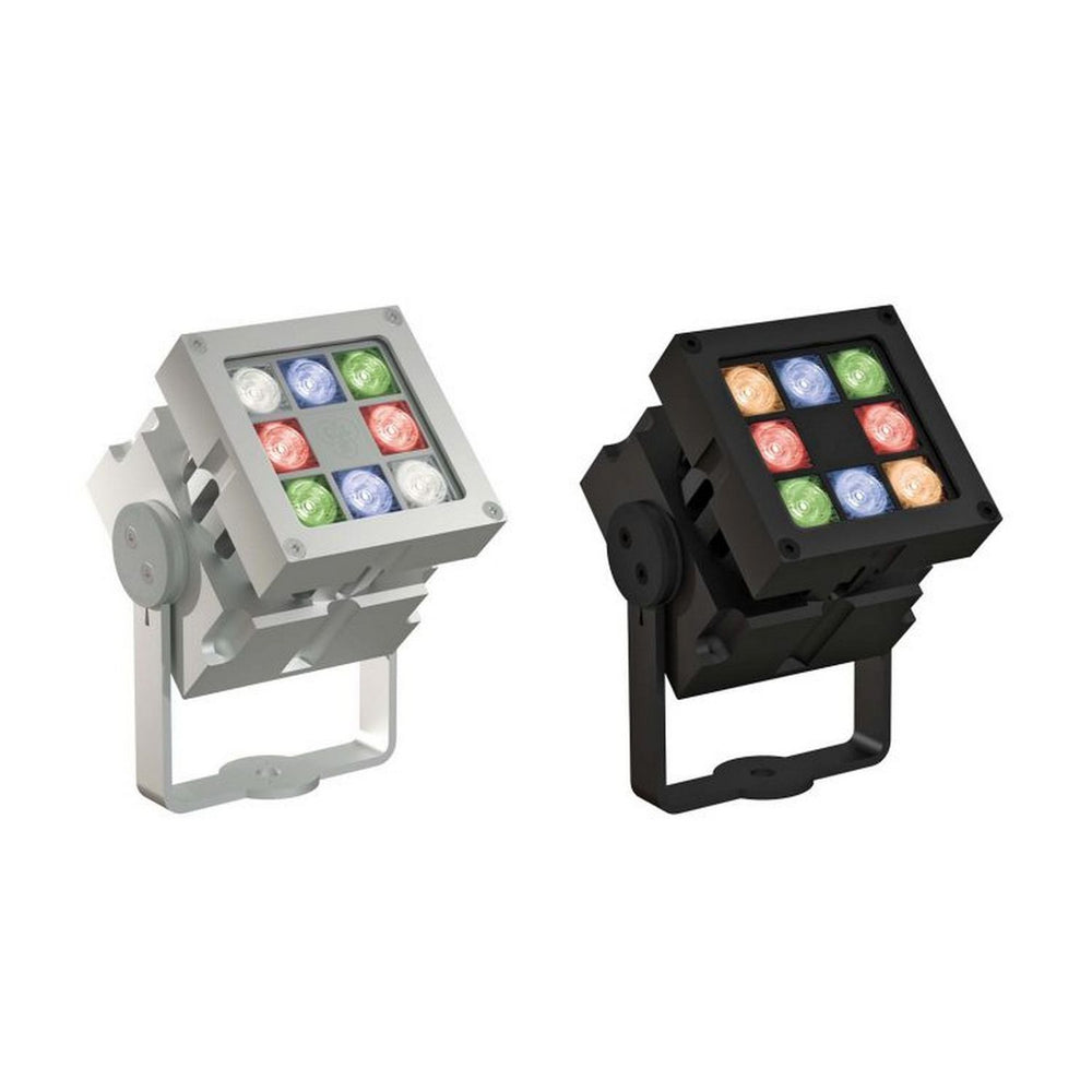 Two Revo ColorFlow Casambi Series color-changing outdoor LED wall washer lights, one silver and one black with 3x3 colored bulbs (red, blue, green, white), feature DMX control. Both are on adjustable stands against a white background.