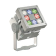 The Revo ColorFlow Casambi Series is a square LED wall washer with a silver frame, nine RGBW bulbs, DMX control for precise color changes, and an adjustable bracket for versatile outdoor lighting.