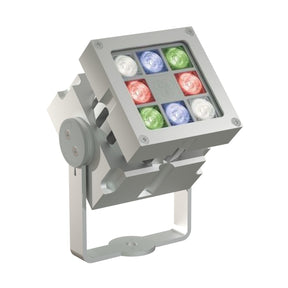 The Revo ColorFlow Casambi Series is a square LED wall washer with a silver frame, nine RGBW bulbs, DMX control for precise color changes, and an adjustable bracket for versatile outdoor lighting.