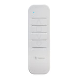 The Single Channel Battery Operated Remote Controller ~ sRemote by Blebox is a white remote with five buttons (up, square, down, heart, plain), a blue LED indicator, μWiFi tech support, and the blebox logo at the bottom.