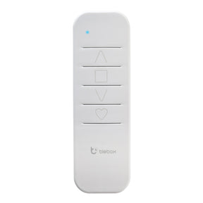 The Single Channel Battery Operated Remote Controller ~ sRemote by Blebox is a white remote with five buttons (up, square, down, heart, plain), a blue LED indicator, μWiFi tech support, and the blebox logo at the bottom.