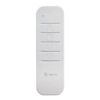 The Single Channel Battery Operated Remote Controller ~ sRemote by Blebox is a white remote with five buttons (up, square, down, heart, plain), a blue LED indicator, μWiFi tech support, and the blebox logo at the bottom.