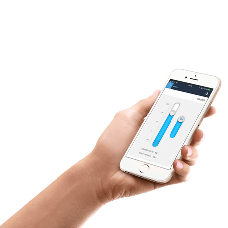 A hand holds a smartphone showing the saunaBox Pro by Blebox interface with two blue sliders and text, highlighting easy temperature adjustment. The WiFi Heating Controller is displayed on a white background.
