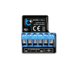 The shutterBoxDC by Blebox is a black and blue wireless controller for DC roller blinds/shutters (12-24V DC, 5A max), featuring six terminal slots and remote smart control. Product name is labeled as Smart Wireless Roller Blind/Shutter Controller.