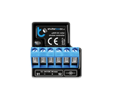 The shutterBoxDC by Blebox is a black and blue wireless controller for DC roller blinds/shutters (12-24V DC, 5A max), featuring six terminal slots and remote smart control. Product name is labeled as Smart Wireless Roller Blind/Shutter Controller.
