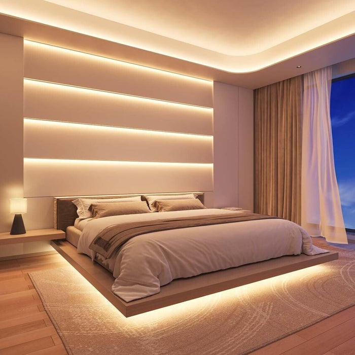 Bedroom with LED skirting lighting and horizontal wall accent lines