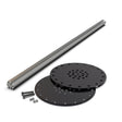 The LED Mounting Kit for Smokies150 Profile with Hexagon Heatsink includes a metal extrusion bar, two round black aluminum end caps with multiple holes, three screws, and two small springs, arranged on a white background.
