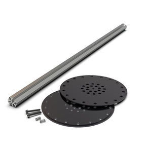 The LED Mounting Kit for Smokies150 Profile with Hexagon Heatsink includes a metal extrusion bar, two round black aluminum end caps with multiple holes, three screws, and two small springs, arranged on a white background.