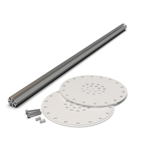 The LED Mounting Kit for Smokies150 Profile with Hexagon Heatsink includes a metal extrusion bar, aluminum end cap, two round perforated plastic plates, three screws, and two small springs arranged on a white surface.