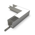 A 90 Degree Connector for SPL35-FL Profile is shown on a white background, open at one end to reveal its hollow interior and a mounting bracket extending from the base.