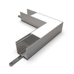 A 90 Degree Connector for SPL35-FL Profile is shown on a white background, open at one end to reveal its hollow interior and a mounting bracket extending from the base.