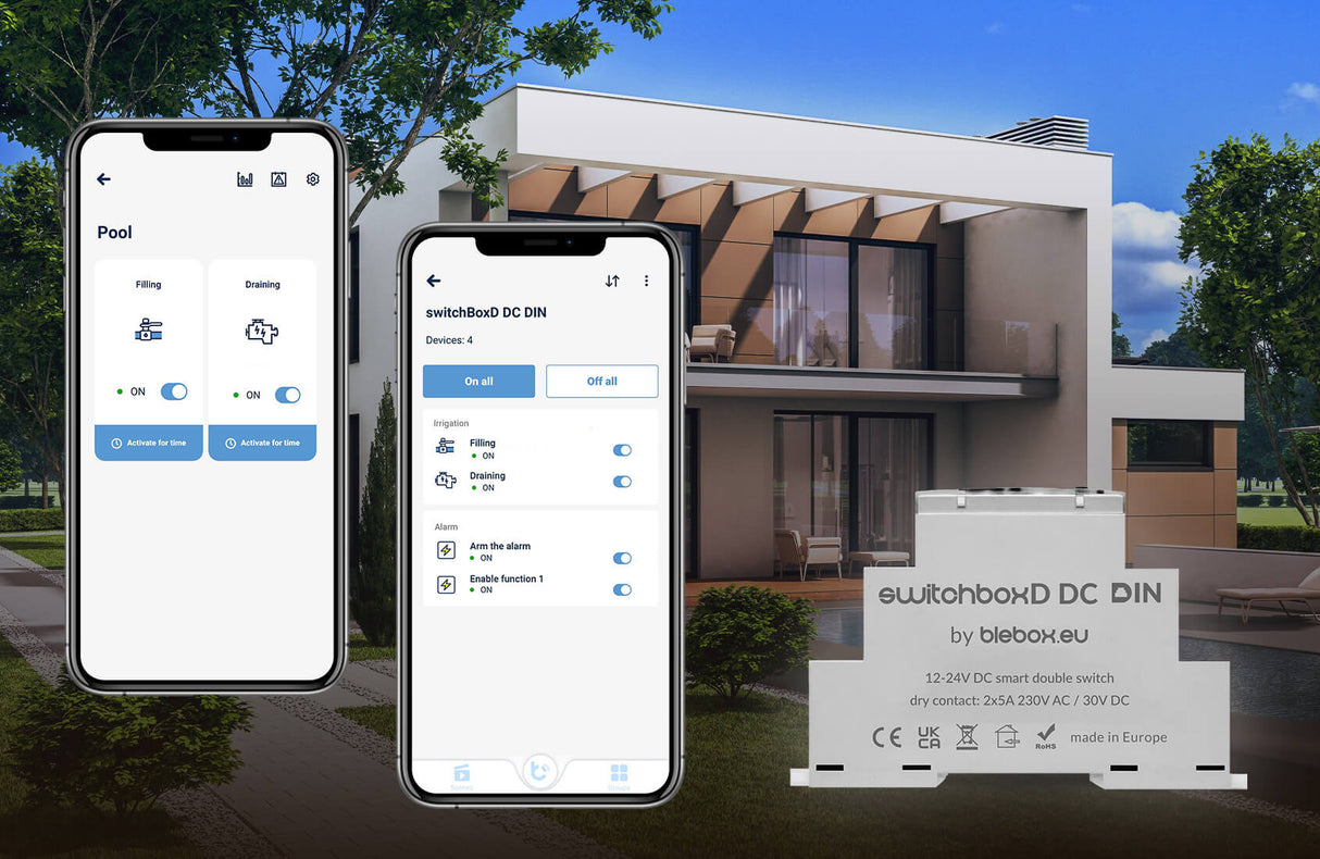 A modern house with a pool stands in the background, while two smartphones show smart home control apps alongside the SwitchBoxD DC DIN — a Din-rail 2-Channel WiFi Controller by BleBox, ideal for easy DIN rail mounting.