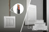 Split image contrasts old wired switches with exposed wires on the left, and the Din-rail 2-Channel WiFi Controller ~ SwitchBoxD DC DIN by BleBox on the right, showcasing a modern upgrade with WiFi control and energy monitoring.