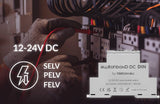 A person connects red wires inside an electrical panel. Overlaid text reads 12-24V DC, SELV, PELV, FELV with a lightning bolt icon. In the foreground is the BleBox Din-rail 2-Channel WiFi Controller SwitchBoxD DC DIN for energy monitoring.