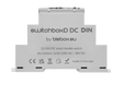A white DIN-rail 2-Channel WiFi Relay labeled "switchBoxD DC DIN by Blebox," featuring technical specs, certification logos, and "made in Europe" text on its front, designed for DIN rail controller systems.