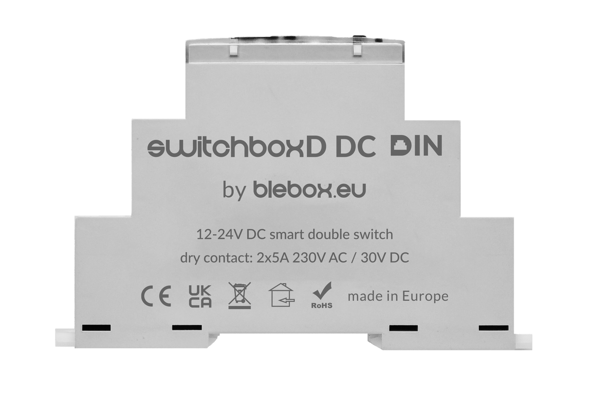 A gray DIN rail-mounted 2-channel WiFi controller, SwitchBoxD DC DIN by BleBox, supports 12–24V DC, dry contact, and 2x5A (230V AC/30V DC). Certification logos show smart home integration and energy usage monitoring.