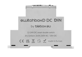 A white DIN-rail 2-Channel WiFi Relay labeled "switchBoxD DC DIN by Blebox," featuring technical specs, certification logos, and "made in Europe" text on its front, designed for DIN rail controller systems.