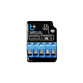 The switchBoxDC by Blebox is a compact black and blue wireless on/off power switch controller with four blue terminal blocks, input/output markings, CE certification, and is labeled “made in Europe.”.