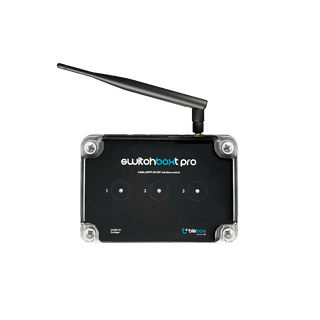The switchBoxT Pro by Blebox is a black Wireless Triple WiFi Relay Switch Controller with one antenna on top, three touch-sensitive front buttons, and a transparent case—ideal as a smart switch controller.