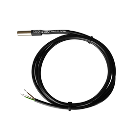 The Waterproof Digital Temperature Probe ~ tempProbe by Blebox features a black cable with a cylindrical metal sensor and three color-coded wires (brown, blue, green/yellow)—ideal for water temperature monitoring.