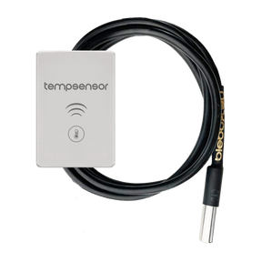 The Smart Wireless Temperature Sensor ~ tempSensor by Blebox is a rectangular white unit with a black cable and metallic probe, ideal for monitoring temperature via the wBox app.