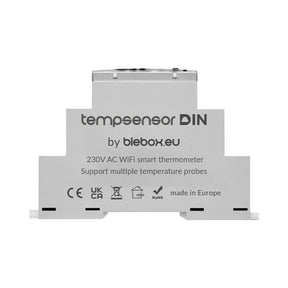 The DIN-rail Smart Wireless Temperature Sensor ~ tempSensor DIN by Blebox is a white 230V AC WiFi sensor for multiple probes, including IP68 waterproof options; CE, UKCA, EAC, RoHS marked and made in Europe.