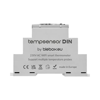 The DIN-rail Smart Wireless Temperature Sensor ~ tempSensor DIN by Blebox is a white 230V AC WiFi sensor for multiple probes, including IP68 waterproof options; CE, UKCA, EAC, RoHS marked and made in Europe.
