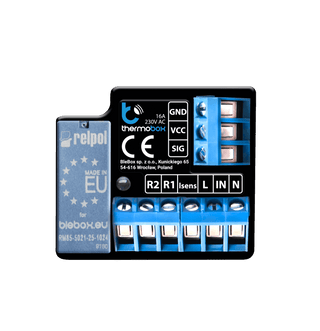 A close-up of the Smart Wi-Fi Thermostat and Temperature Controller ~ thermoBox by Blebox shows labeled electrical terminals and connectors with blue and white components, input/output/sensor ports, and certification markings.