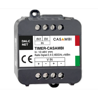 The Smart Real-Time Clock Module for Casambi (Model TIMER-CASAMBI) is a black electronic device with DALCNET and CASAMBI logos, CE marking, 12-48V input, radio info, and supports circadian rhythm lighting control via Casambi.