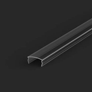 The LED Channel Cover ~ TL-C1, a transparent U-shaped cover, is displayed on a dark background at an angle to showcase its length and hollow interior.