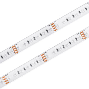Two parallel RGB IP68 Waterproof LED Strips (24V) from the Sauna Pro RGB Series, featuring white tape with evenly spaced small rectangular LEDs and copper connector pads labeled 24V+.