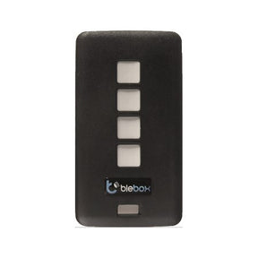 The uRemote by Blebox is a black, rectangular mini universal Wi-Fi remote with four white buttons in a vertical row and the blebox logo, designed for seamless control via the Blebox app.