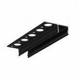Uni-Tile12 180Deg Tile Edge LED Strip Light Channel – a black L-shaped metal trim featuring circular holes along the flat surface, engineered for construction or tile edging applications. This versatile solution is ideal for integrating LED strip lighting at tile edges and perfectly complements modern accent or recessed lighting projects. Product isolated on a white background.