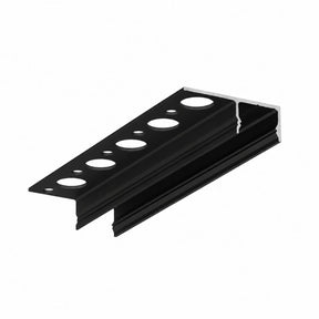 Uni-Tile12 180Deg Tile Edge LED Strip Light Channel – a black L-shaped metal trim featuring circular holes along the flat surface, engineered for construction or tile edging applications. This versatile solution is ideal for integrating LED strip lighting at tile edges and perfectly complements modern accent or recessed lighting projects. Product isolated on a white background.