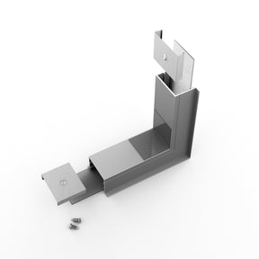 The 270 Degree Perpendicular Connector for Vario30-07 Profile includes a sliding cover, two separate aluminum plates, and two screws. It’s shown on a white background.