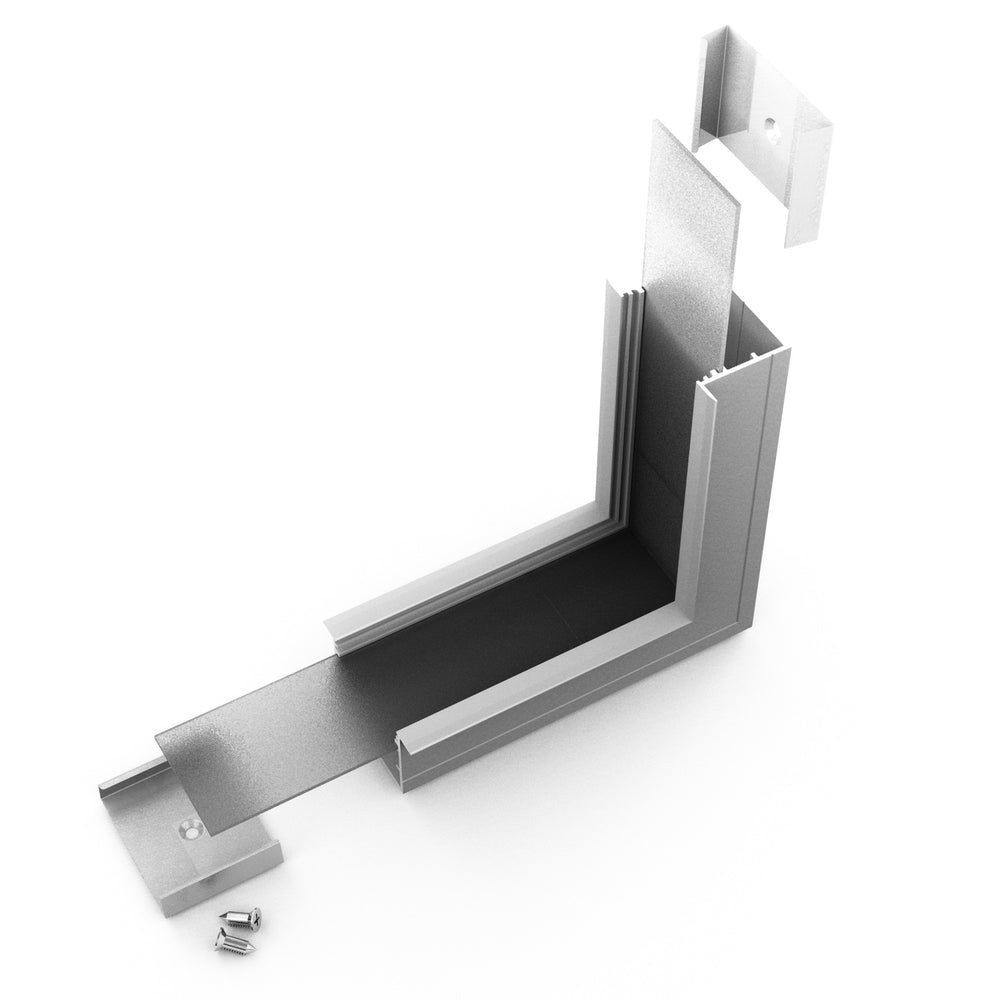 A 3D-rendered image of the 90 Degree Perpendicular Connector for Vario30-07 Profile, showing a metallic L-shaped bracket assembly with separate plates, two mounting pieces, and three screws on a white background.
