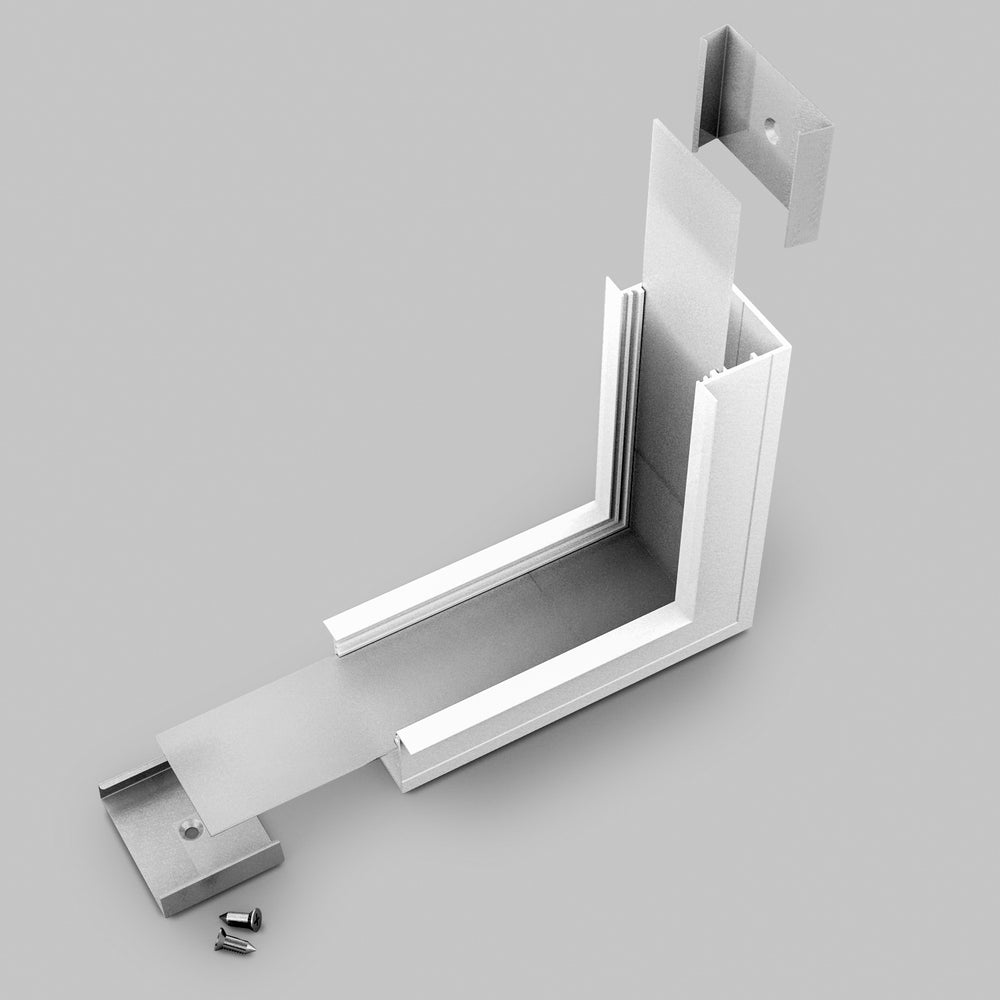 An exploded view of the 90 Degree Perpendicular Connector for Vario30-07 Profile displays the connector, two screws, a rectangular base, side pieces, and a top cap—all arranged on a light gray background.
