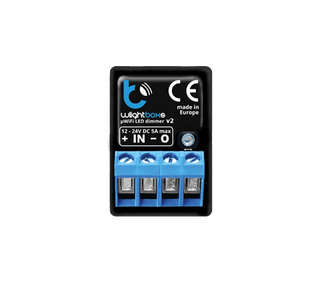 A black and blue Single Channel Wi-Fi LED Controller (wLightBoxS by BleBox) with four labeled terminals, CE mark, made in Europe, 12-24V DC 5A max; works with the wBox app.