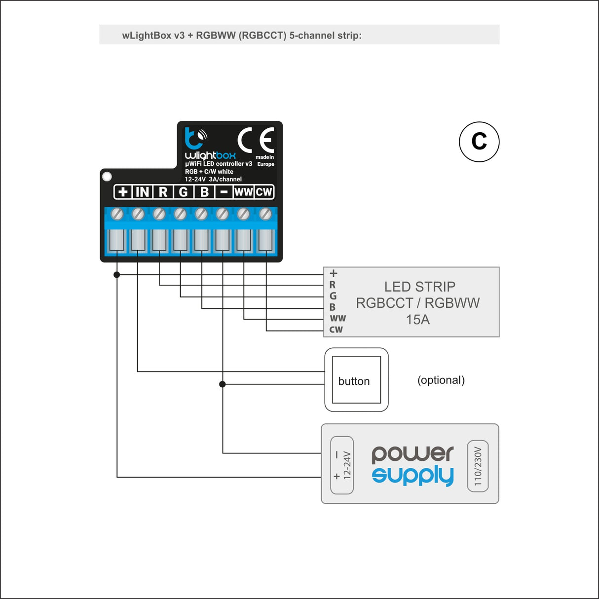 RGBWW LED strip controller wiring diagram