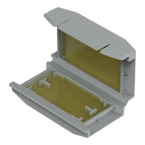 A 3D-rendered image of an open, rectangular gray Waterproof Sealing Gelbox for Wago 221 Inline Lever-Nut Connectors, featuring gold-colored contact surfaces and several small internal alignment features.