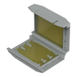 A 3D-rendered image of an open rectangular gray Waterproof Sealing Gelbox for Wago 221 Inline Lever-Nut Connectors, featuring a hinged lid and yellow interior, ideal for storing small electronic components or connectors.