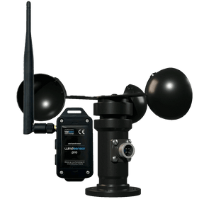 A black wireless wind speed sensor with two large cups, a base mount, external antenna, and digital device labeled windSensor Pro by Blebox for wireless wind detection.
