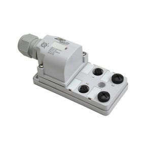 The ZipPort JBH Series Waterproof Junction Block for RGBW LED Lights features four black circular ports, a cable gland, and IP67 protection, making it ideal for industrial electrical connections.