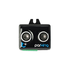 The Garage Parking Assist and Occupancy Sensor ~ parkingSensor by Blebox is a rectangular black device with two round sensor lenses, "parking" labeled in white and blue, plus a small green connector at the bottom for easy installation.