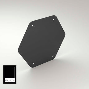 The End Cap for Paco Profile is a hexagonal black aluminum plate with four corner holes, shown floating on a light background. A RAL 9005 color swatch at the bottom left indicates the product’s color.