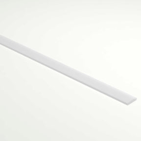 A long, thin, flat LED Channel Cover for Bonn Profile, made of polycarbonate, lies diagonally on a plain white background.