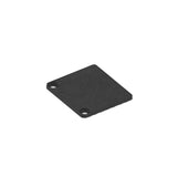 A black, square, flat aluminum Low End Cap for Flo Profile with two holes in adjacent corners is shown on a white background.