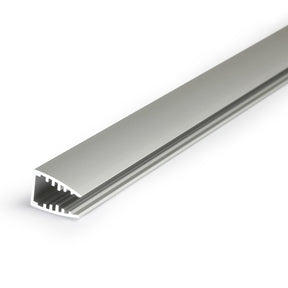 A close-up of the 1/4 LED Edge-lit Acrylic Sign Base Channel ~ Model Mikro10, a silver, triangular aluminum profile with a hollow center and grooved inner edges, set against a white background.