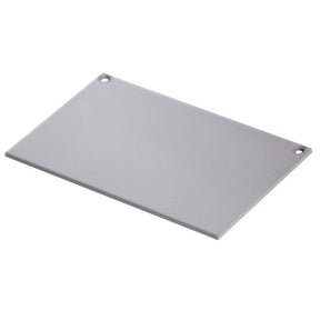 A smooth, flat, gray aluminum End Cap for the Bruselas Profile, rectangular in shape with two holes in opposite corners for mounting.