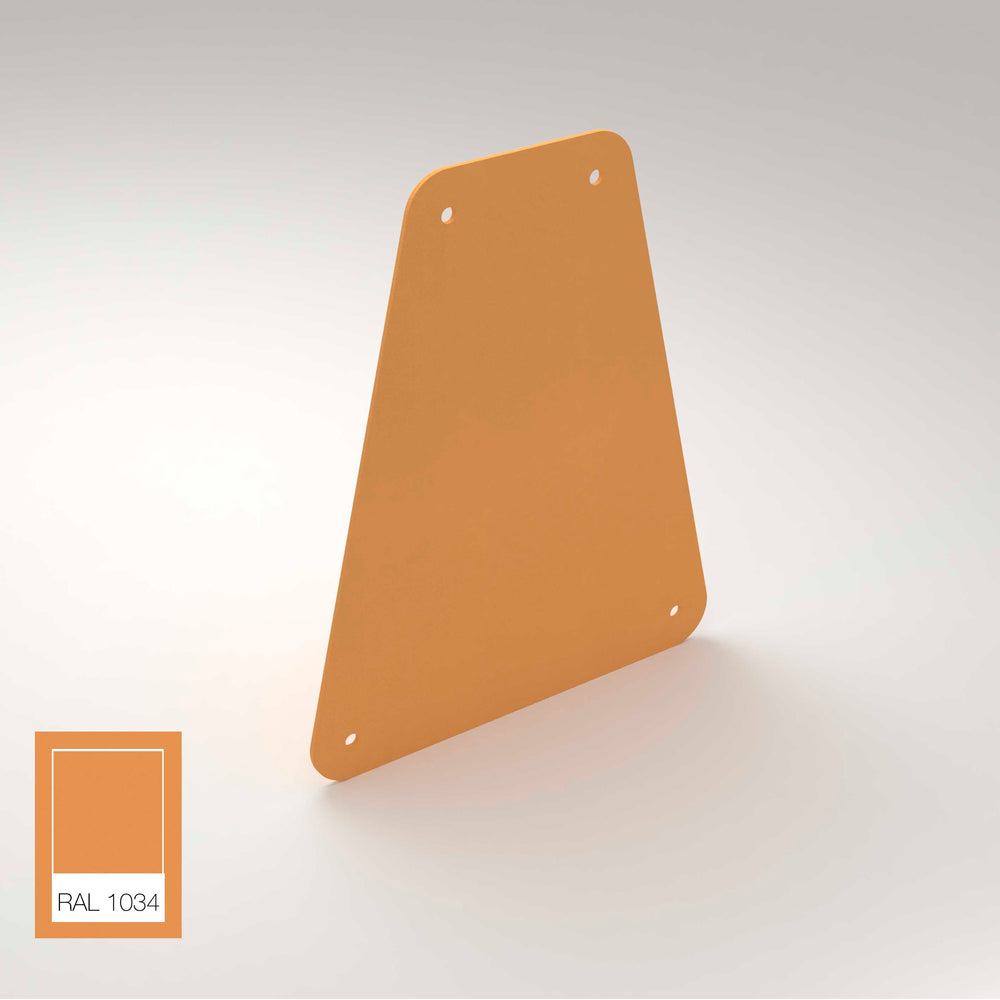 An upright, flat, trapezoidal orange End Cap for Carmen Profile with four corner holes is shown on a light background. A color swatch labeled RAL 1034 in the bottom left matches the product’s color.